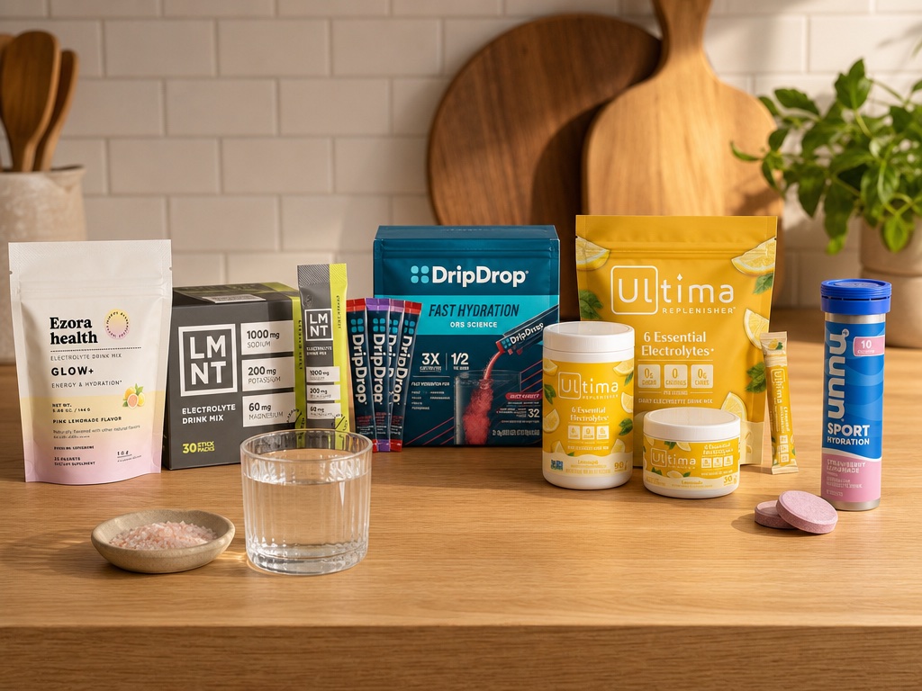 Ezora health Glow+, LMNT, DripDrop, Ultima and Nuun electrolyte products grouped on a warm wood kitchen counter with a small dish of salt and a tall glass of water.