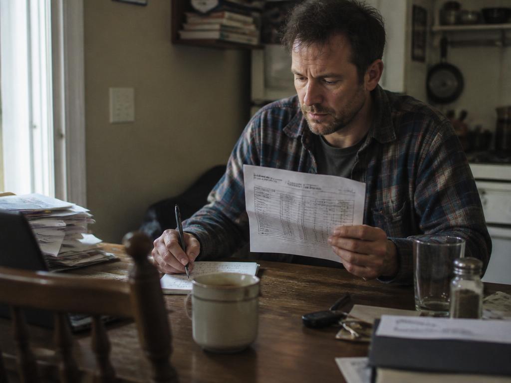 A man at a cluttered kitchen table reads a folded paper of test results, pen in hand over a notebook, brow furrowed in concentration.