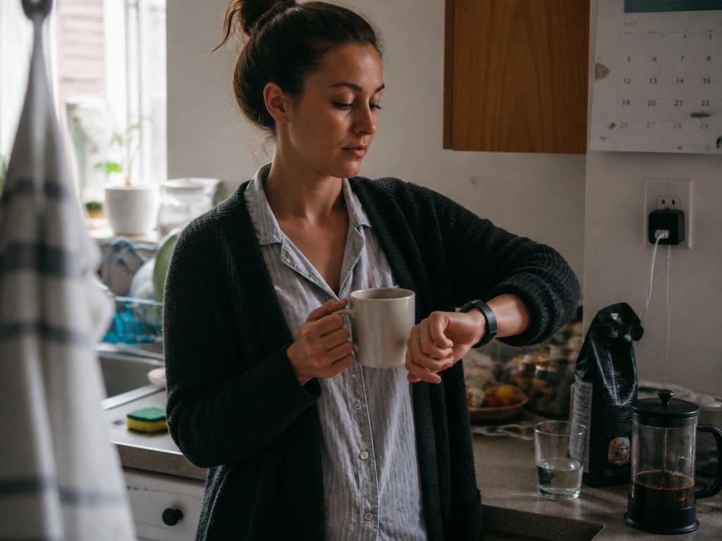 A woman stands at a cluttered kitchen counter holding a mug of black coffee, glancing at the fitness watch on her wrist to check her pulse.