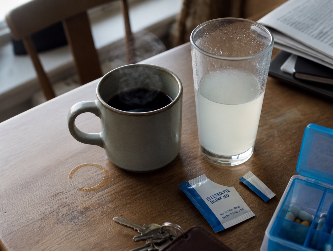 A steaming mug of black coffee and a glass of pale electrolyte drink sit on a wood table beside a torn-open electrolyte packet, house keys, and an open pill organizer.