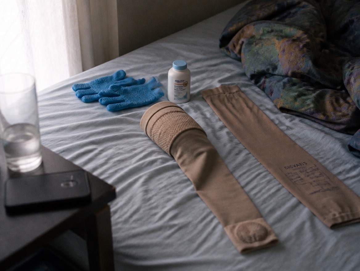 A pair of beige medical-grade graduated compression thigh-high stockings laid out on a wrinkled grey-sheeted unmade bed in morning light, one stocking partially rolled into the donning position and the other flat, a pair of blue grippy rubber donning gloves and a small bottle of unscented talc on the sheet, a glass of water and a phone face-down on the nightstand just in frame.