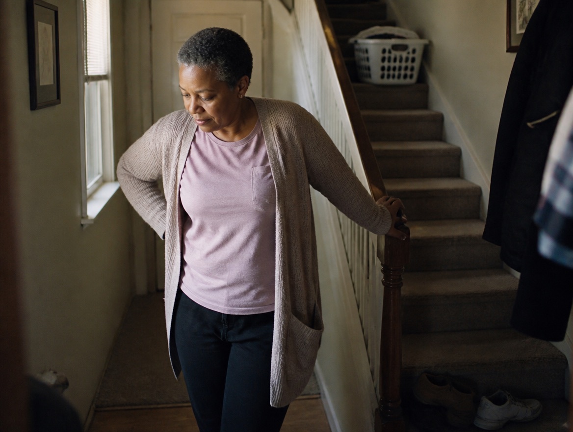 A woman in her fifties pauses at the bottom of a carpeted staircase in a lived-in home, gripping the wooden railing with one hand, catching her breath, with a laundry basket on the steps behind her.