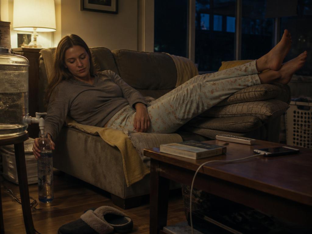 A woman lies back on a worn sofa in the evening with her calves propped on stacked cushions, filling a water bottle for the next day under a single lamp.