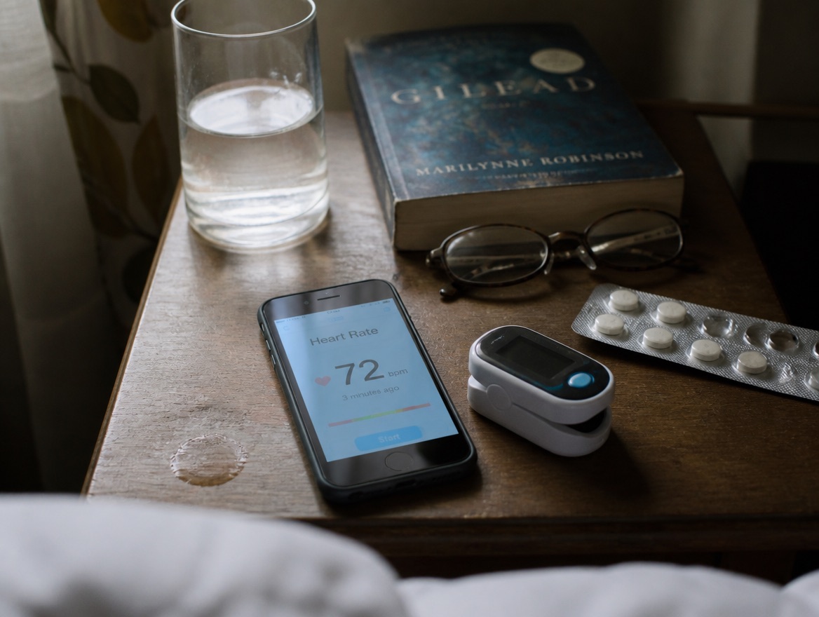 A fingertip pulse oximeter and a smartphone showing a heart-rate reading of 72 bpm rest on a wooden bedside table beside a glass of water, a blister strip of pills, reading glasses and a worn paperback.