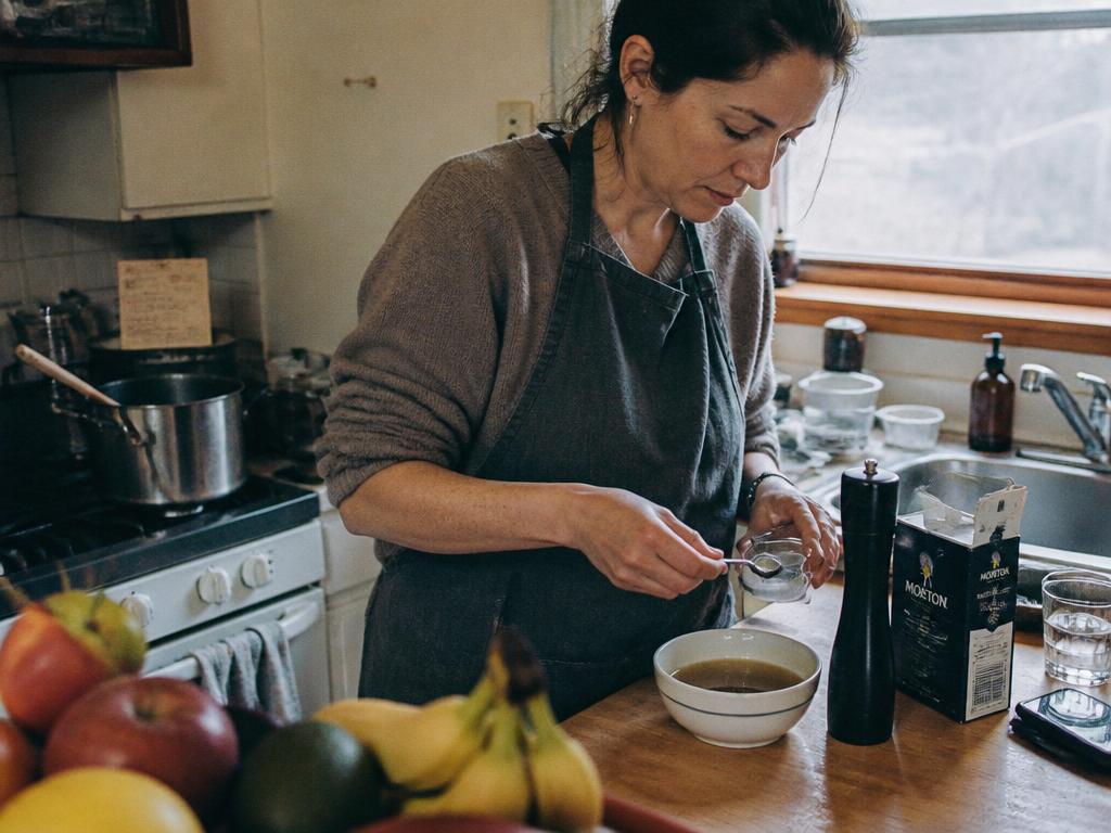 A woman at a kitchen counter carefully measures a level quarter-teaspoon of salt over a small bowl of broth, a salt box nearby.