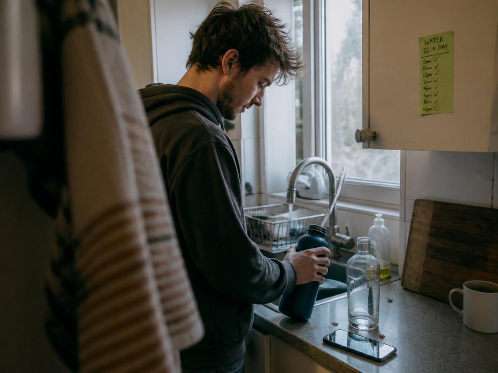 A young man refills a large reusable water bottle at the kitchen sink, a second nearly-empty bottle and a glass already on the counter.