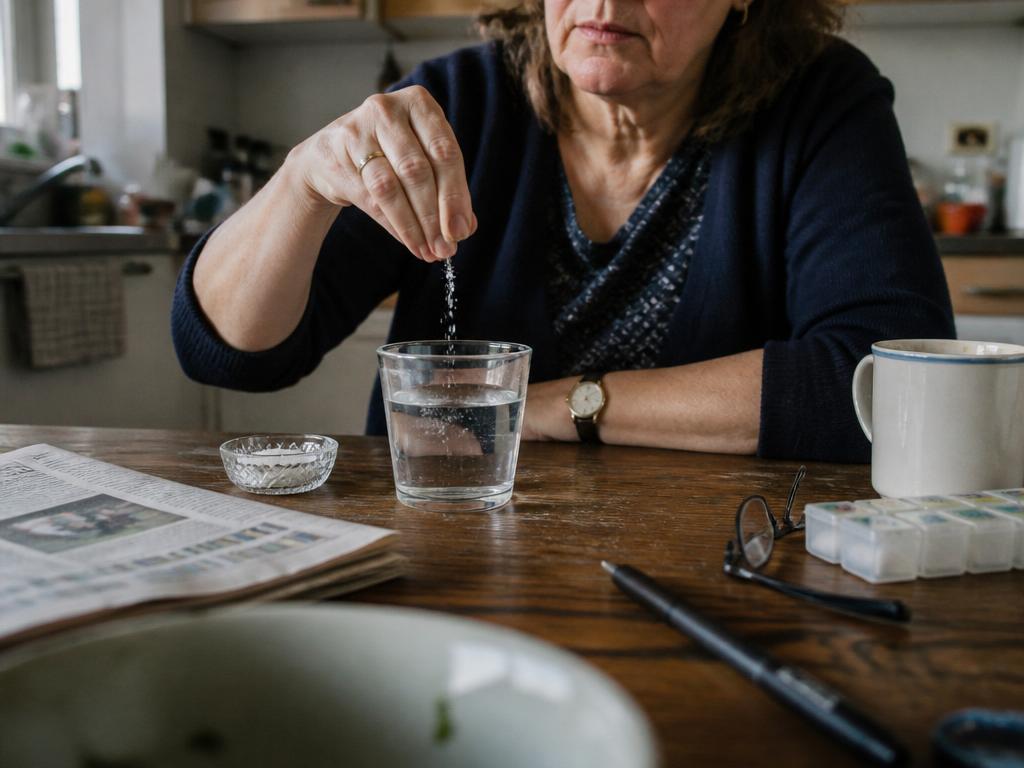 Close on the hands of a woman at a wooden table dropping a few grains of salt from a small dish into a clear glass of water.