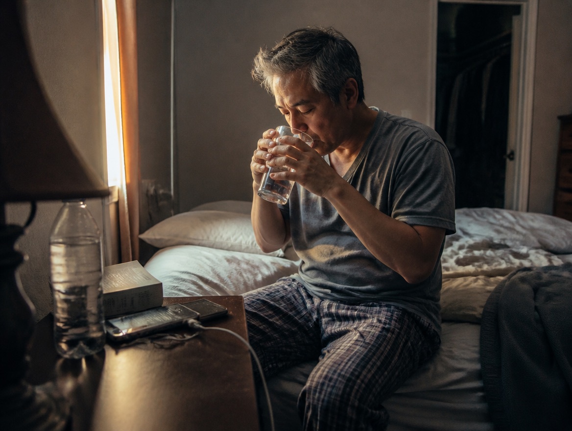 East Asian man in his early 50s sitting on the edge of an unmade bed at dawn, drinking a glass of water cupped in both hands with his head lowered; cluttered nightstand with a water bottle, paperback and phone in the foreground, warm slivers of light coming through a gap in the curtain.