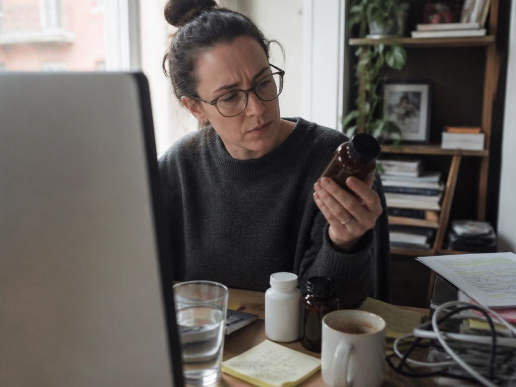 A woman at a home desk holds up a plain supplement bottle, reading it skeptically while comparing it against information on her laptop.