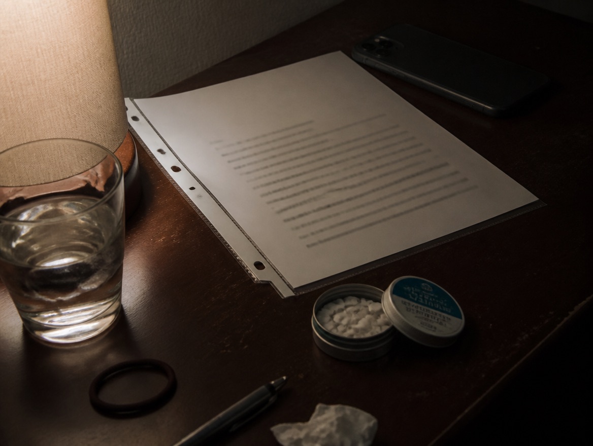 A printed one-page plan in a plastic sheet protector rests on a dark bedside table beside a glass of water, a tin of electrolyte tablets, a phone, and a pen, lit by a warm bedside lamp.
