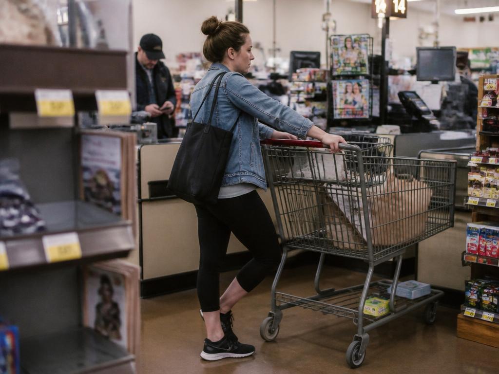 A woman waits in a grocery checkout line gripping her cart handle, subtly crossing one leg and rising onto the balls of her feet to pump her calves.