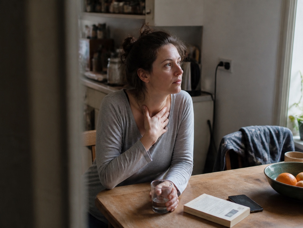 A woman in a grey long-sleeve top sits at a wooden kitchen table with one hand pressed to her chest, looking off-frame toward a window; a glass of water, an open paperback, a phone, and a bowl of oranges are on the table, with a cluttered kitchen behind her.