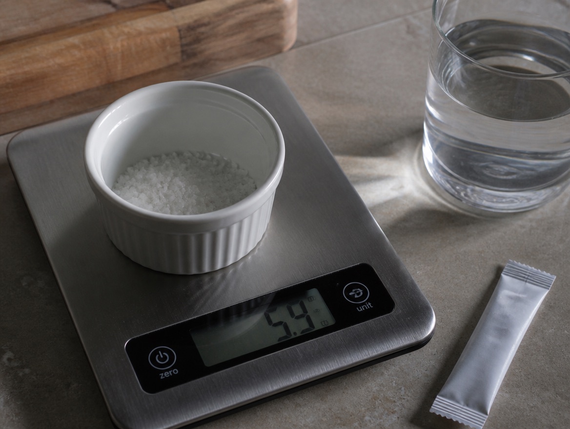 Documentary close-up of a digital kitchen scale weighing coarse sea salt in a white ceramic ramekin, with a plain unmarked electrolyte stick pack and a glass of water beside it on a worn countertop.