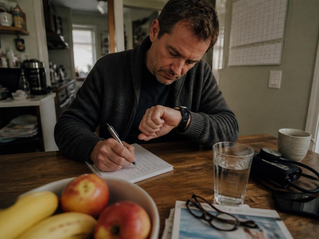 A man at a kitchen table fills out a handwritten weekly tracking grid in a notebook, glancing at the heart-rate reading on a fitness watch.