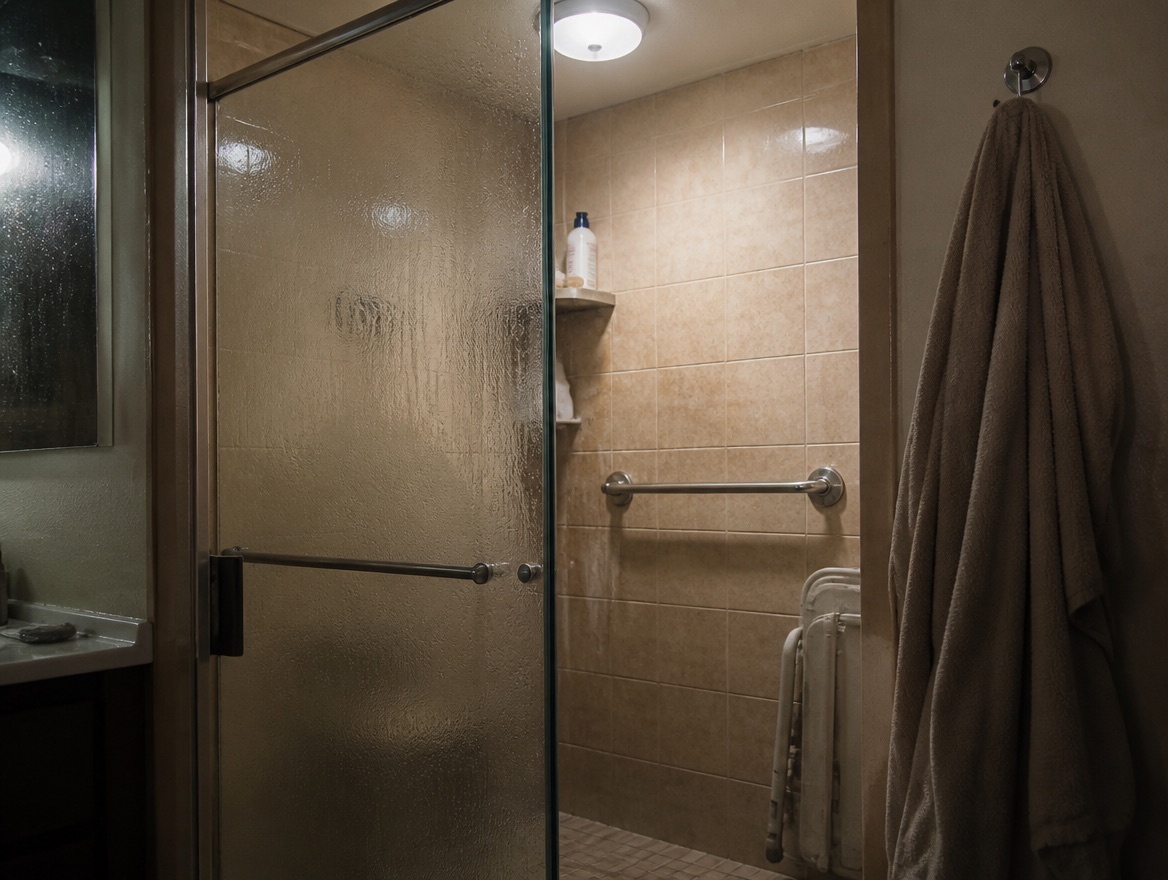 An empty shower stall with a fogged glass door and rising steam, a wall-mounted grab bar and a folded shower stool inside, and a towel hanging on a hook just outside.