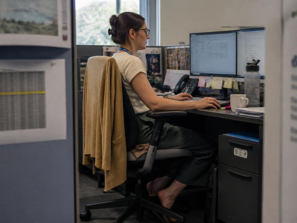 A woman at a cluttered office desk works at her computer while discreetly pressing her feet into the floor under the desk, a water bottle within reach.
